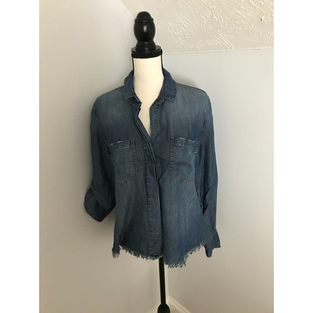 Anthropologie CLOTH & STONE Fringe Hem Chambray Shirt - Size Small